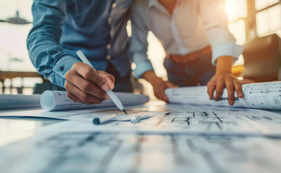 Bauplanung | zwei Männer in Hemden zeichnen auf aufgerollten Bauplan